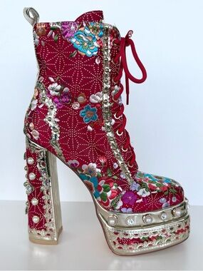 Embellished Red Floral Lace-Up Platform Boot